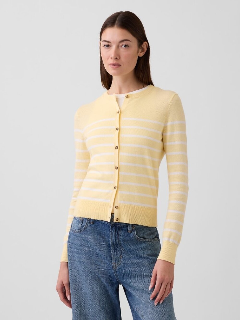 Gap Women's XS Yellow Striped Crewneck Cardigan NWT $50 Retail